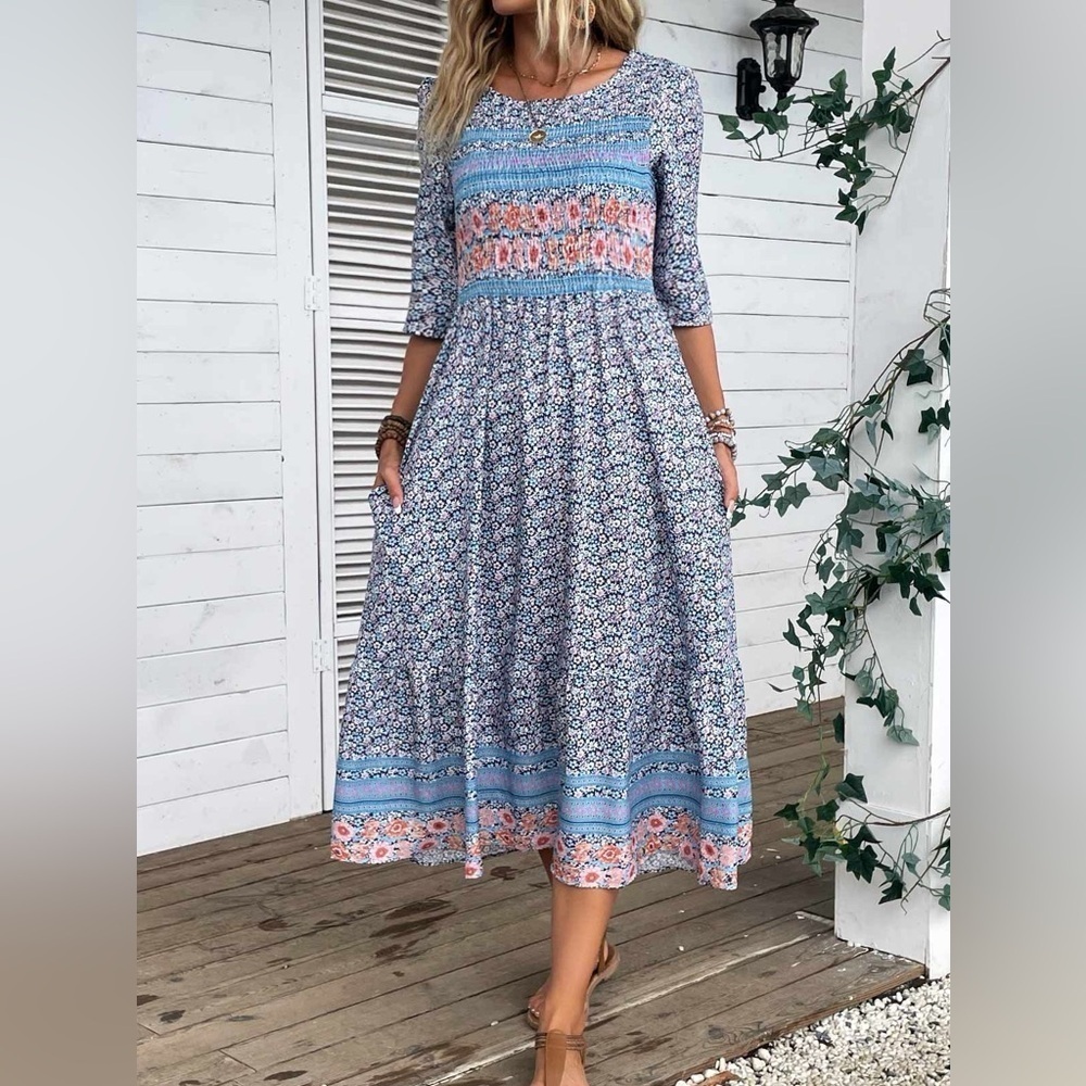 Blue Colorful Floral Patterned Balloon Sleeves Midi Dress Women’s Size XL NWT